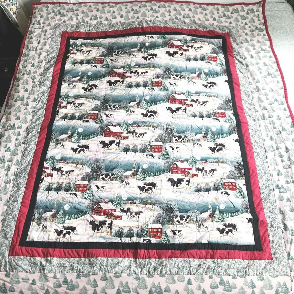 Handmade Christmas Quilt Snowy Farmhouse Red Barn Church Steeple Cows 77x66